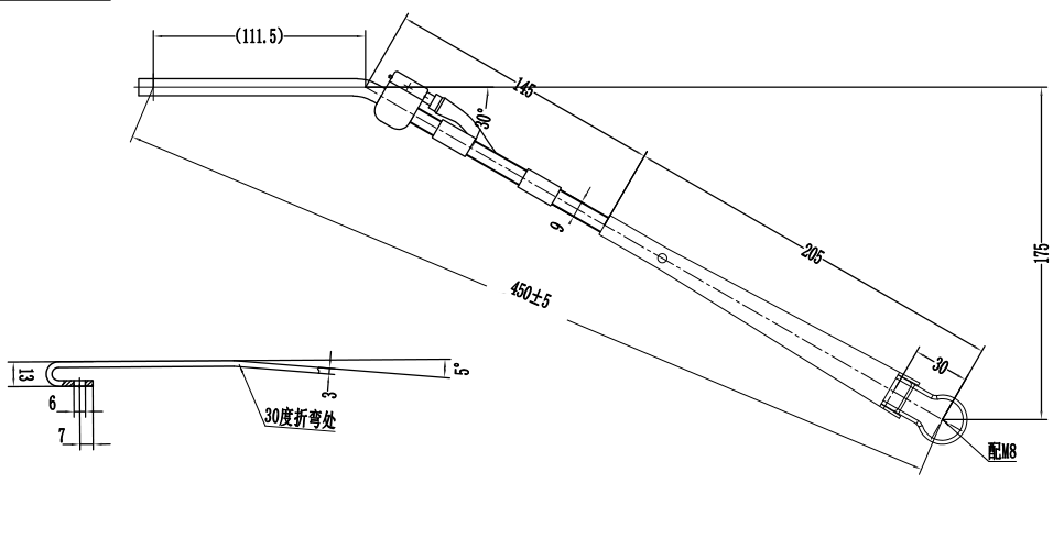 GBXX99 450mmSall size Left wiper arm（30°）Hook type